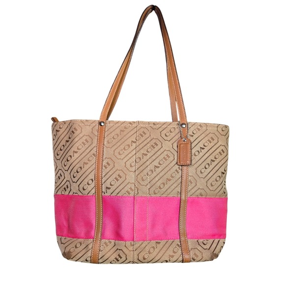 バッグ COACH Op Art Canvas Tote Bag Pink Trim Coach | Bags | Coach Gallery Optic Print Pink Stripe Tote Bag